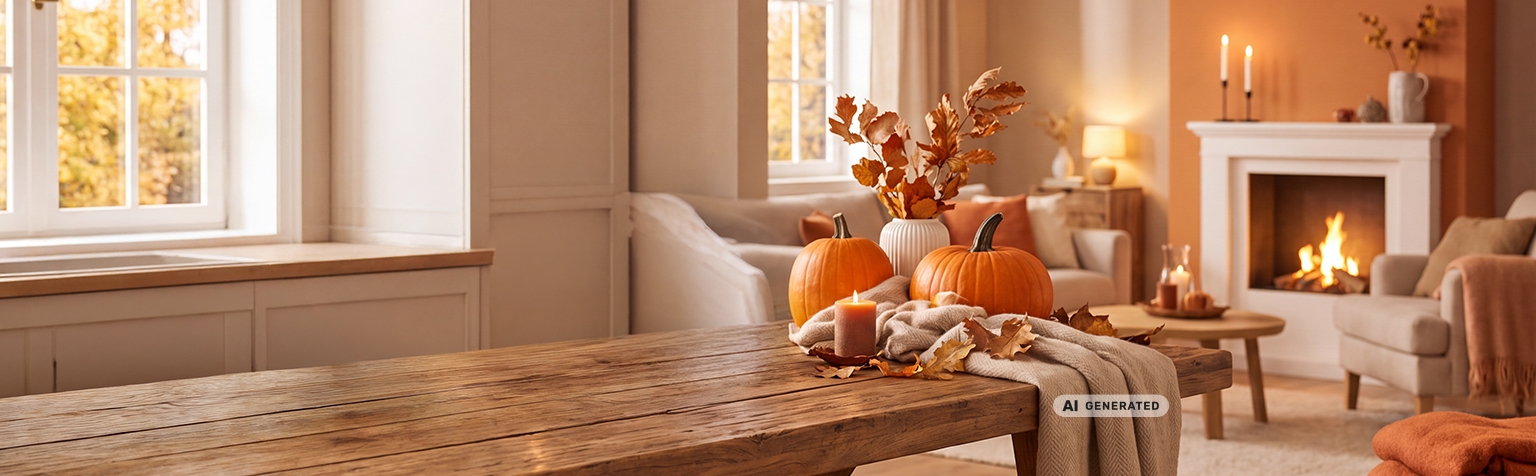 Herbstlich dekorierter Wohnbereich mit Kürbissen, Kerze und Kamin vor einer gemütlichen Sitzecke und großem Holztisch.