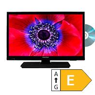MEDION Fernseher mit integriertem DVD-Player, auf dem Bildschirm eine rote Blüte in Nahaufnahme. Energieeffizienzklasse E (Skala A bis G).
