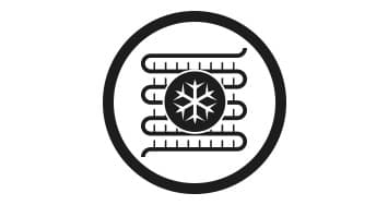 Symbol mit stilisierter Kompressorspirale und Schneeflocke in der Mitte, umgeben von einem Kreis.