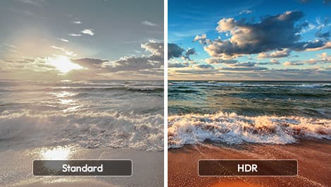 Nebeneinanderstellung einer Strandszene: links in Standardqualität, rechts in HDR mit verbesserten Farben und Kontrast.