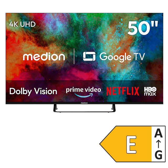 MEDION 50 Zoll 4K-UHD-Fernseher mit Google TV, Dolby Vision sowie Prime Video, Netflix und HBO Max, Energieeffizienzklasse E.