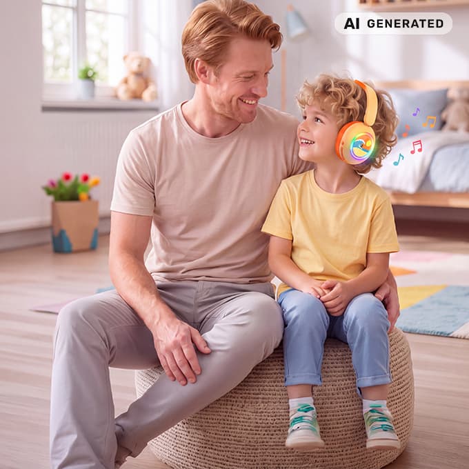 Kinderkopfhörer MD400014 in Orange mit LED-beleuchteten Ohrmuscheln und Wellen-Motiv, getragen von einem Kind in einer häuslichen Umgebung.