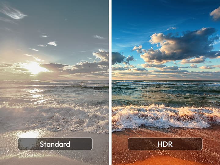 Nebeneinanderstellung einer Strandszene: links in Standardqualität, rechts in HDR mit verbesserten Farben und Kontrast.