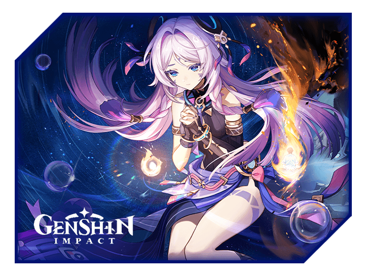 Cover von „Genshin Impact“ mit einer Anime-Figur mit langen lila Haaren in einer dynamischen Fantasy-Szene.