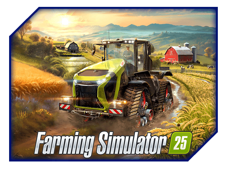 Cover von „Farming Simulator 25“ mit großem Traktor auf einem Feldweg, im Hintergrund Felder, Scheune und Bauernhofgebäude.