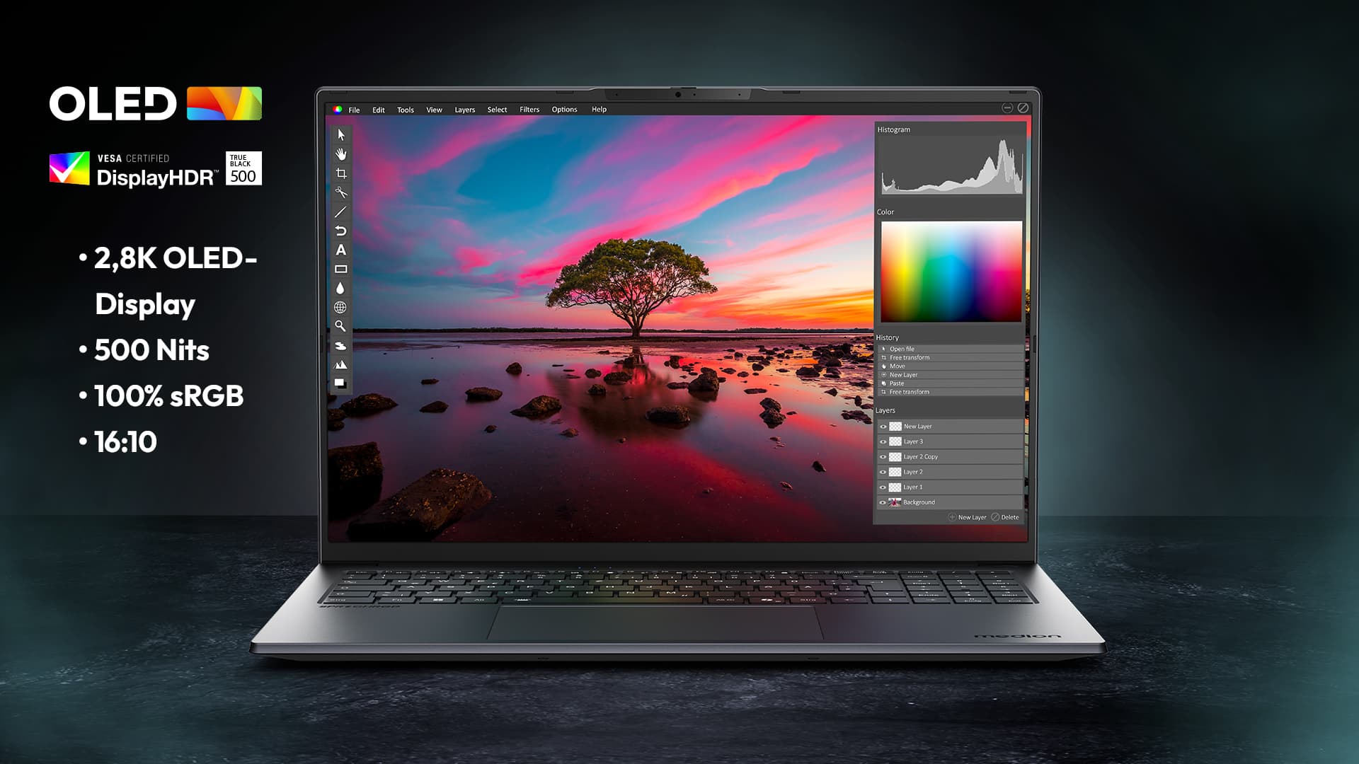 sprchrgd 16 Laptop aufgeklappt. Zeigt ein Foto Editor Programm mit einer Naturszene mit einem Baum und einem Sonnenuntergang. Es zeigt die Darstellung bei herkömmlichen Displays.