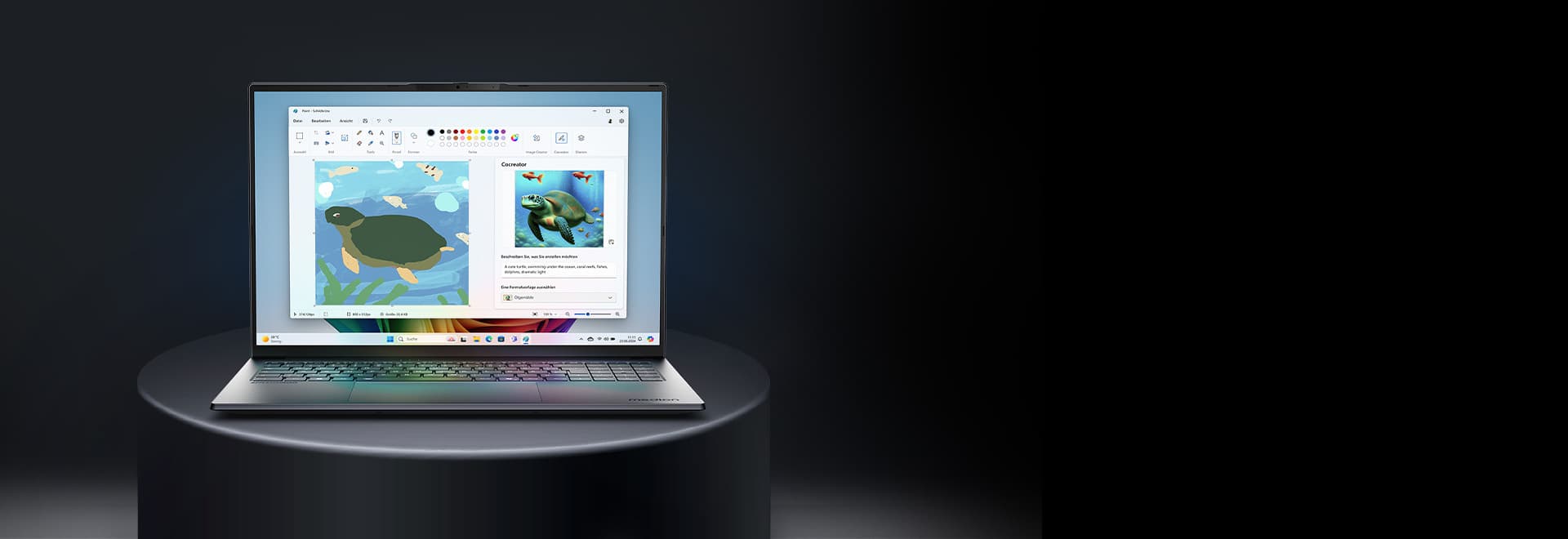 Ein aufgeklapptes Laptop in Frontansicht auf einem grauen runden Podest. Das Display zeigt ein Bildbearbeitungsprogramm.