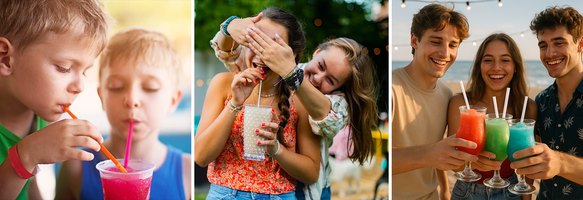 Drei Bildszenen: Zwei Kinder trinken gemeinsam Slush-Eis, zwei junge Frauen haben Spaß mit einem Getränk, und drei junge Erwachsene stoßen mit bunten Slush-Eis-Getränken am Strand an.