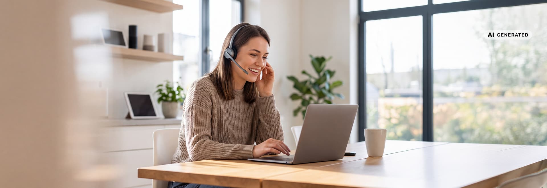 Person mit Headset bei einem Gespräch am Laptop in heller Homeoffice-Umgebung