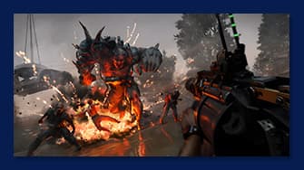 Screenshot aus dem Spiel Dying Light. Eine Szene aus einem Ego-Shooter-Spiel, in der ein Spieler auf ein großes, feuriges Monster zielt, das von Explosionen und kleineren Kreaturen umgeben ist.