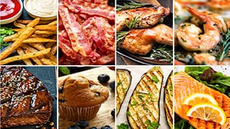 Eine Collage aus verschiedenen Lebensmitteln: Pommes Frites, Speck, Hähnchen, Garnelen, Steak, Muffin, gegrillte Zucchini und Lachs, garniert mit Zitrone.