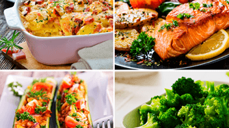 Collage aus vier Gerichten: Ofenkartoffeln, gegrillter Lachs mit Zitrone, gefüllte Zucchiniboote und gedämpfter Brokkoli.