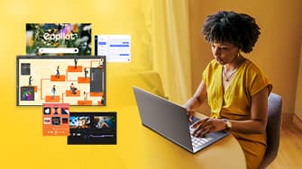 Eine Person in einem gelben Hemd arbeitet an einem Intel Core Ultra Laptop. Verschiedene digitale Grafiken und Bedienelemente werden in der Nähe angezeigt.