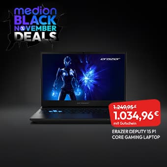 ERAZER Deputy 15 P1 Core Gaming Laptop mit blauem Futurmotiv auf dem Bildschirm. Schriftzug „MEDION Black November Deals“ auf dunklem Hintergrund. Rotes Preislabel: 1.034,96 € (statt 1.249,95 €).