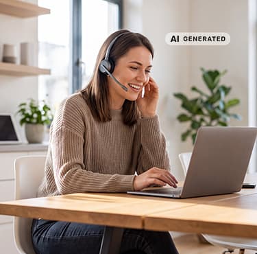 Person mit Headset bei einem Gespräch am Laptop in heller Homeoffice-Umgebung