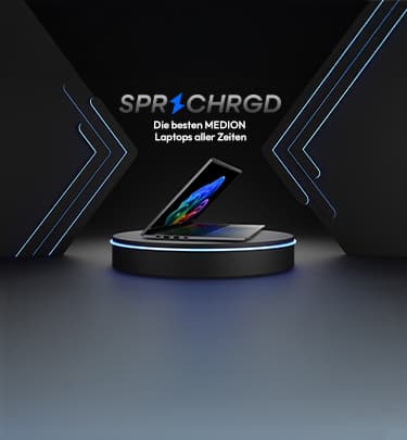 Ein von links zu sehendes geöffnetes Laptop auf einem runden dunkelgrauen Podest. Eine Überschrift mit den Worten sprchrgd Die besten MEDION Laptops aller Zeiten ist zu sehen. Zu Dekoriation schwarze am Rand blau leuchtende Pfeile links und rechts.