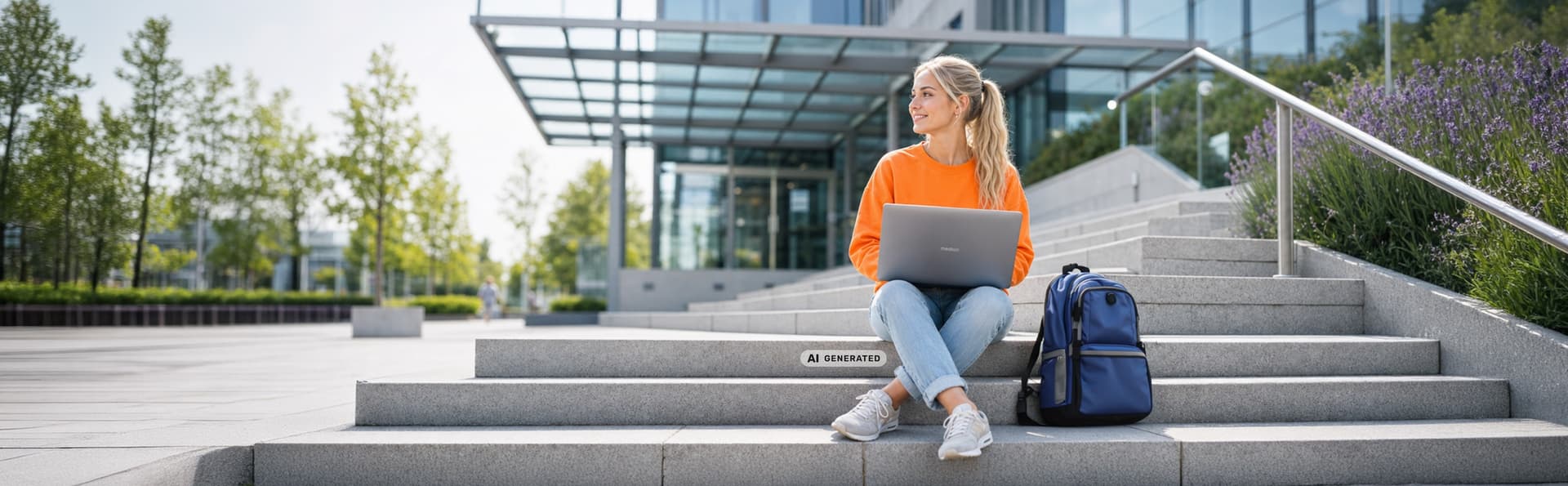 Person mit Laptop auf den Stufen eines modernen Campusgebäudes