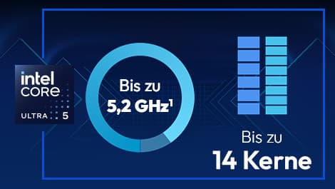 Grafik des Intel Core Ultra 5-Prozessors mit einer Geschwindigkeit von bis zu 5,2 GHz und bis zu 14 Kernen auf blauem Hintergrund.