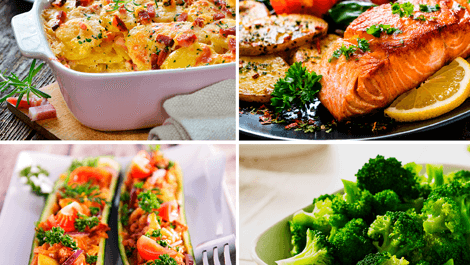 Collage aus vier Gerichten: Ofenkartoffeln, gegrillter Lachs mit Zitrone, gefüllte Zucchiniboote und gedämpfter Brokkoli.