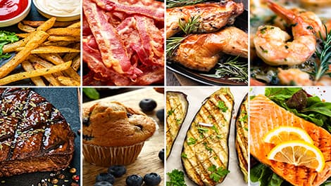 Eine Collage aus verschiedenen Lebensmitteln: Pommes Frites, Speck, Hähnchen, Garnelen, Steak, Muffin, gegrillte Zucchini und Lachs, garniert mit Zitrone.