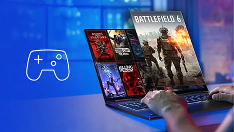 Eine Person spielt Spiele auf einem Intel Core Ultra Laptop, auf dem „Battlefield 6“ angezeigt wird, vor blauem Hintergrund mit einem Gamecontroller-Symbol.