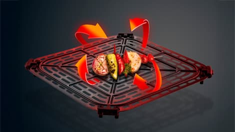 Schwarzer rechteckiger Grillrost mit drei gegrillten Spießen mit Fleisch und Gemüse in der Mitte, rote gebogene Pfeile zeigen Hitze/Luftstrom an.