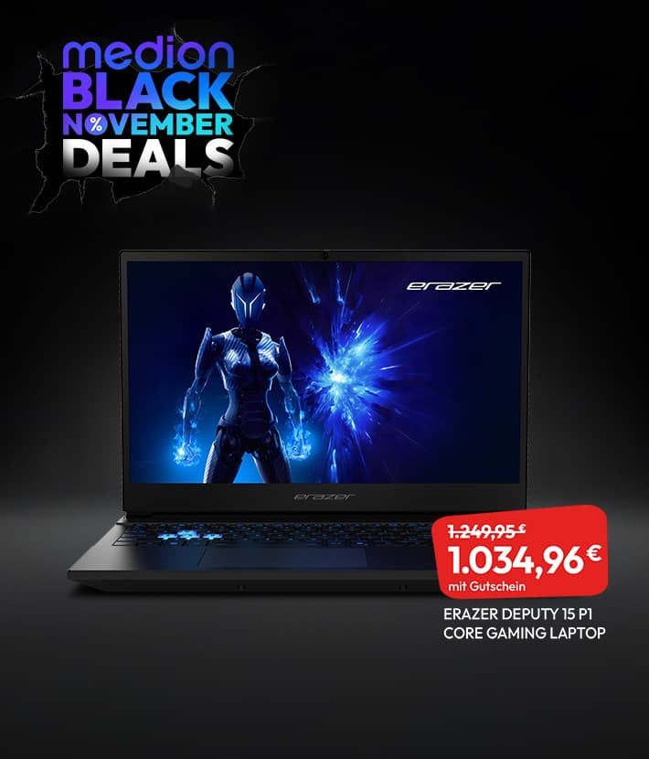 ERAZER Deputy 15 P1 Core Gaming Laptop mit blauem Futurmotiv auf dem Bildschirm. Schriftzug „MEDION Black November Deals“ auf dunklem Hintergrund. Rotes Preislabel: 1.034,96 € (statt 1.249,95 €).