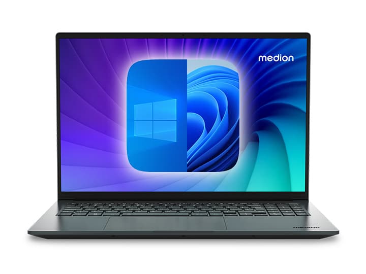 Von vorn gezeigtes und geöffnetes Laptop mit Windows-Logo 10 und 11 auf dem Bildschirm und violett-blauem Hintergrund mit Farbverlauf. In der oberen rechten Ecke ist der Markenname „Medion“ zu sehen.