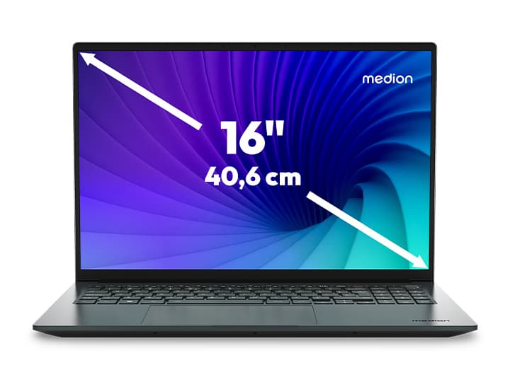 Geöffnetes von vorn gezeigtes Laptop mit der Beschriftung 16-Zoll und blau-violettem Wirbeldesign. In der oberen rechten Ecke ist der Markenname „Medion“ zu sehen.
