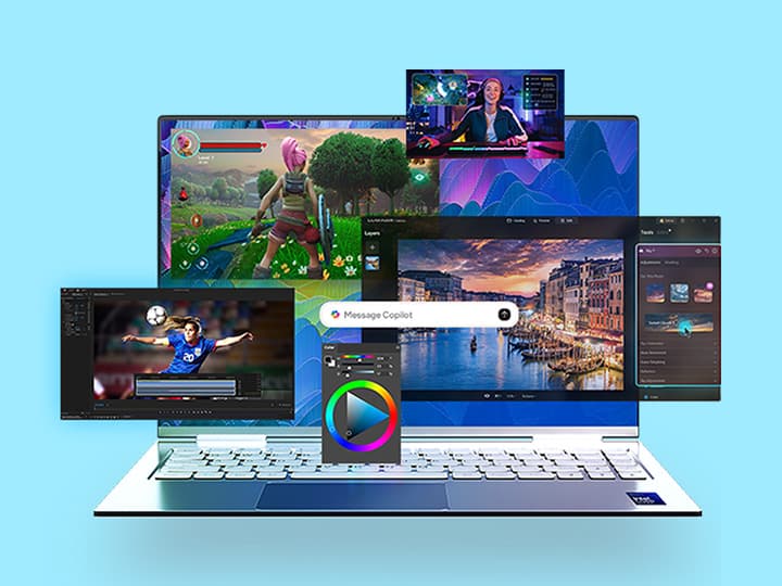 Intel Core Ultra Laptop mit verschiedenen Anwendungen, Spiele, Videobearbeitung und Fotobearbeitung, vor blauem Hintergrund.
