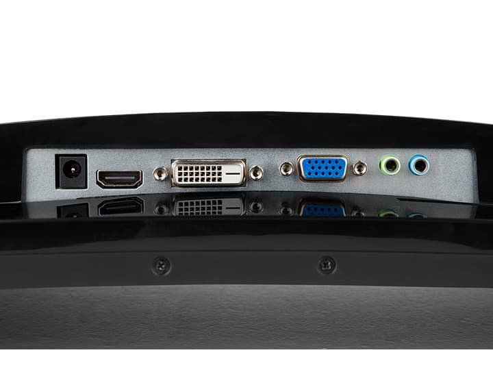 Nahaufnahme der Rückseite eines Monitors mit Anschlüssen: Strom-, HDMI-, DVI-, VGA- und Audiobuchsen in schwarzem und silbernem Gehäuse.