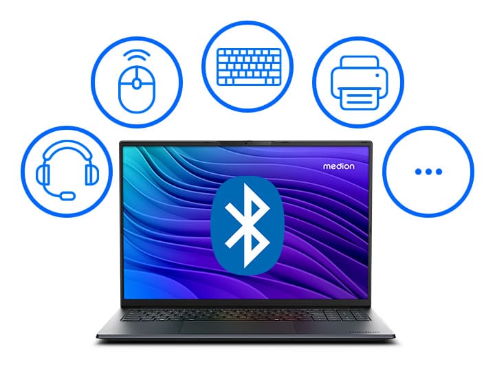 Von vorne zu sehendes, geöffnetes Laptop mit einem Bluetooth-Symbol auf dem Bildschirm, umgeben von Symbolen für Maus, Tastatur, Drucker, Headset und Auslassungspunkten auf weißem Hintergrund.