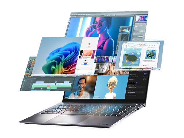 Ein von vorn gezeigtes, geöffnetes Laptop, auf dessen Bildschirm mehrere schwebende Fenster angezeigt werden, darunter Anwendungen für Videobearbeitung, Grafikdesign und Videoanrufe.