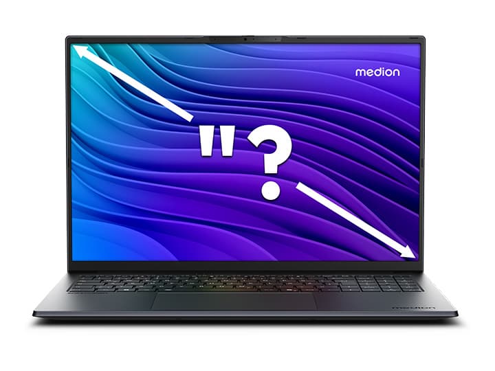 Geöffnetes von vorn gezeigtes Laptop mit einem Fragezeichen auf dem Display und blau-violettem Wirbeldesign. In der oberen rechten Ecke ist der Markenname „Medion“ zu sehen.