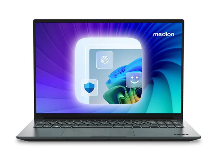 Von vorn gezeigtes und geöffnetes Laptop mit buntem Bildschirm, auf dem Sicherheitssymbole wie Fingerabdruck, Schild und Smiley angezeigt werden. Markenname „Medion“ oben rechts.