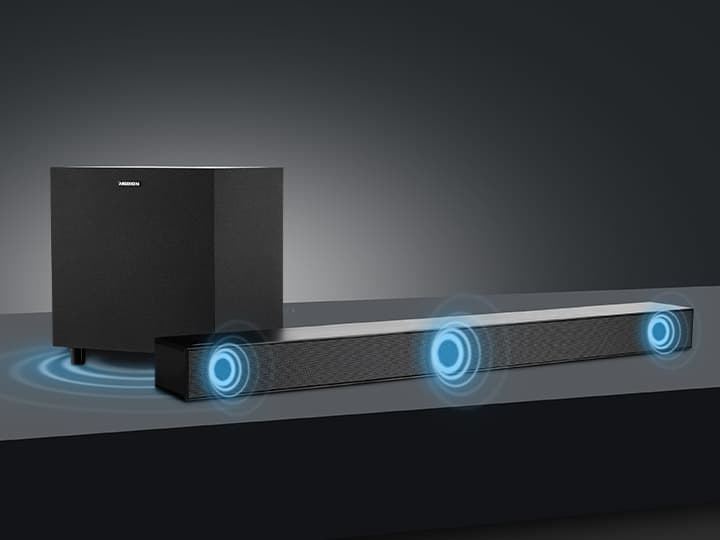 Schwarze Soundbar und Subwoofer auf einer dunklen Oberfläche, wobei blaue Schallwellen von den Soundbar-Lautsprechern ausgehen.