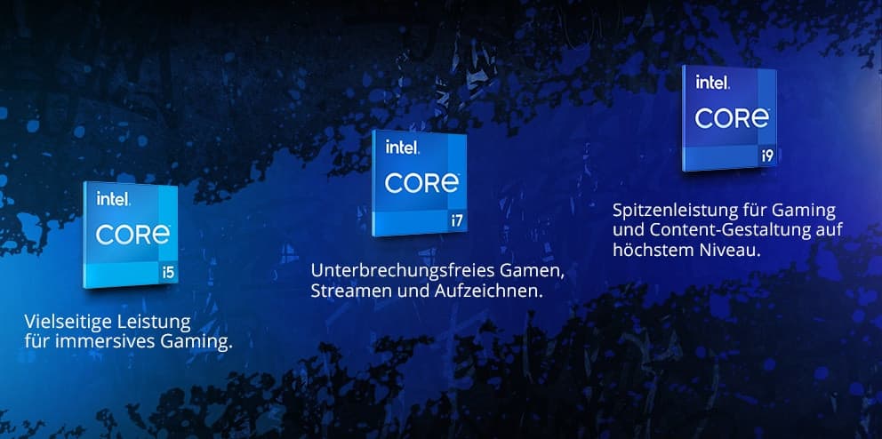 Intel Core i5, i7 und i9 Logos auf einem blau schwarzen Hintergrund mit Informationen des jeweiligen Prozessors.