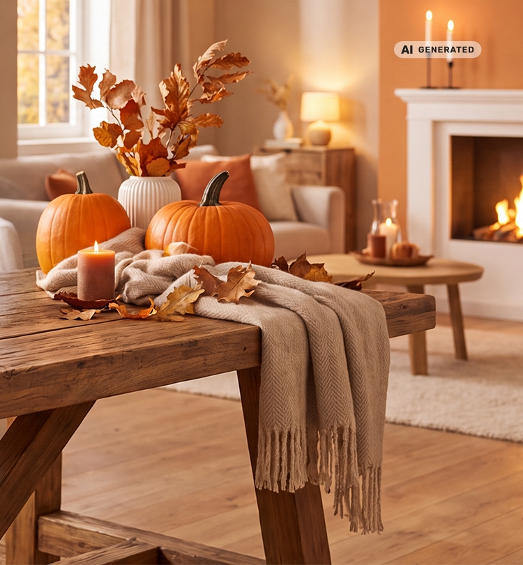Herbstlich dekoriertes Wohnzimmer mit Kürbissen, Kerzen, herbstlichen Blättern und Kamin für eine gemütliche Wohnatmosphäre.