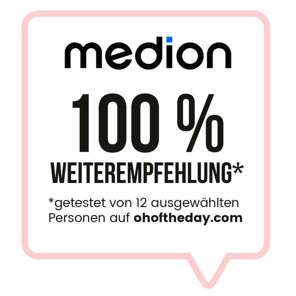 Logo mit dem Text: „medion 100 % WEITEREMPFEHLUNG* getestet von 12 ausgewählten Personen auf ohoftheday.com“ in einem Sprechblasen-Design.