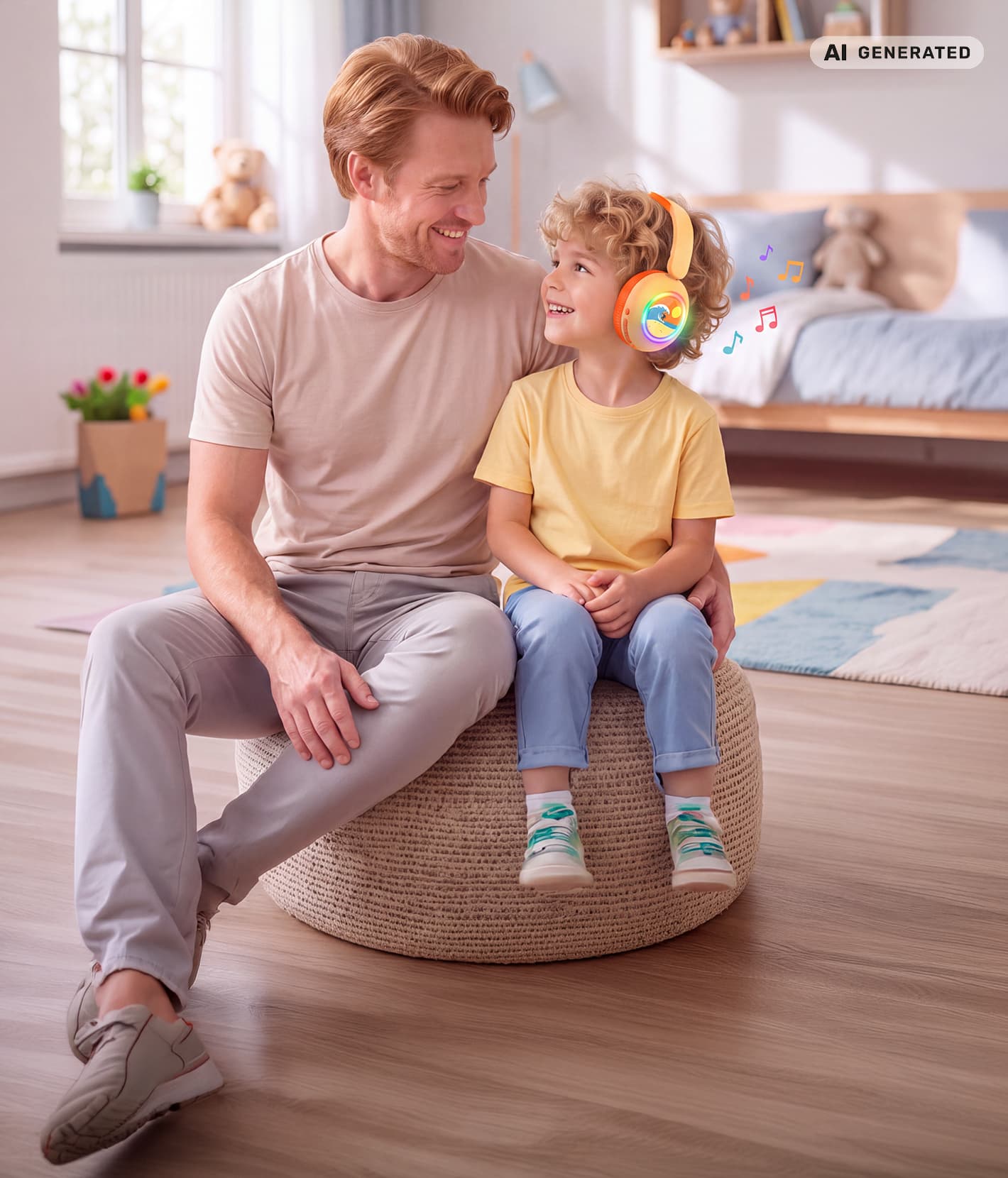 Kinderkopfhörer MD400014 in Orange mit LED-beleuchteten Ohrmuscheln und Wellen-Motiv, getragen von einem Kind in einer häuslichen Umgebung.