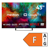 MEDION 43 Zoll 4K-UHD-QLED-Fernseher mit Google TV sowie Prime Video, Netflix und HBO Max, Energieeffizienzklasse F.