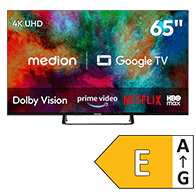 MEDION 65 Zoll 4K-UHD-Fernseher mit Google TV, Dolby Vision sowie Prime Video, Netflix und HBO Max, Energieeffizienzklasse E.