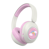 Kinderkopfhörer MD400014 in Weiß und Rosa mit gepolsterten Ohrmuscheln und Regenbogen-Motiv