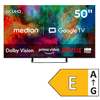 MEDION 50 Zoll 4K-UHD-Fernseher mit Google TV, Dolby Vision sowie Prime Video, Netflix und HBO Max, Energieeffizienzklasse E.