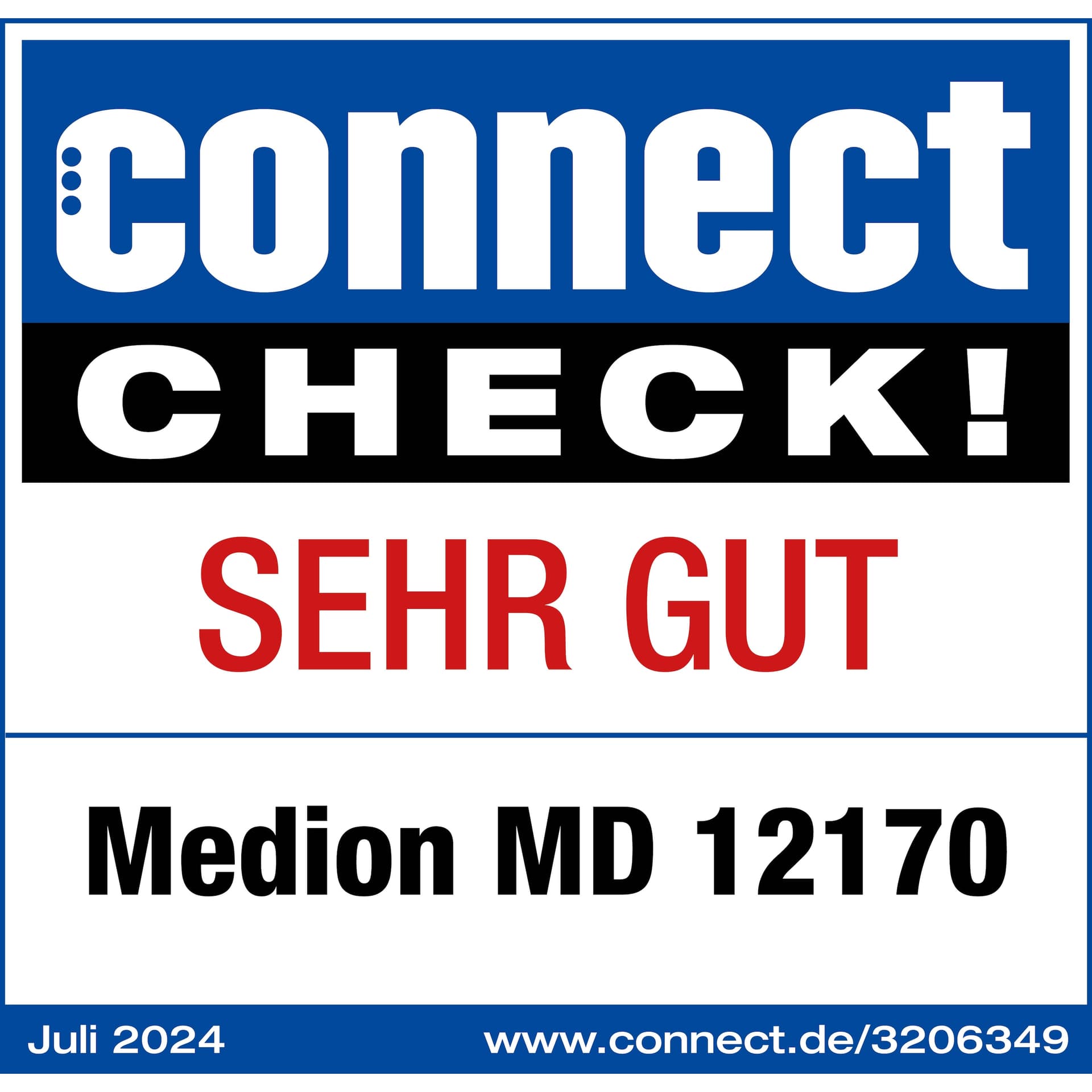 „Connect Check! Sehr Gut“ Bewertung für Medion MD 12170, Juli 2024, mit Website-Link