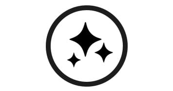 Symbol mit drei schwarzen Glanz- bzw. Funkelsternen in einem Kreis.