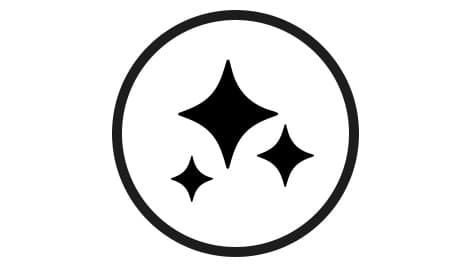 Symbol mit drei schwarzen Glanz- bzw. Funkelsternen in einem Kreis.