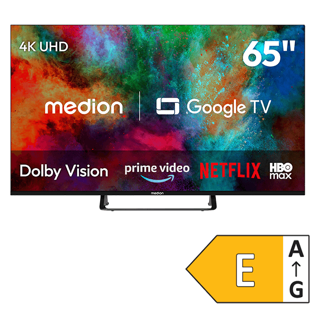 MEDION 65 Zoll 4K-UHD-Fernseher mit Google TV, Dolby Vision sowie Prime Video, Netflix und HBO Max, Energieeffizienzklasse E.