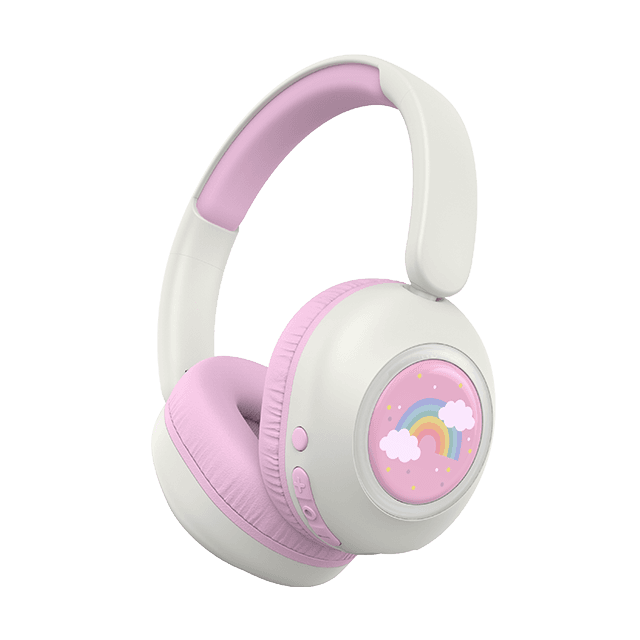 Kinderkopfhörer MD400014 in Weiß und Rosa mit gepolsterten Ohrmuscheln und Regenbogen-Motiv