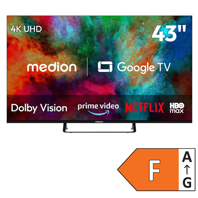 MEDION 43 Zoll 4K-UHD-Fernseher mit Google TV, Dolby Vision sowie Prime Video, Netflix und HBO Max, Energieeffizienzklasse F.